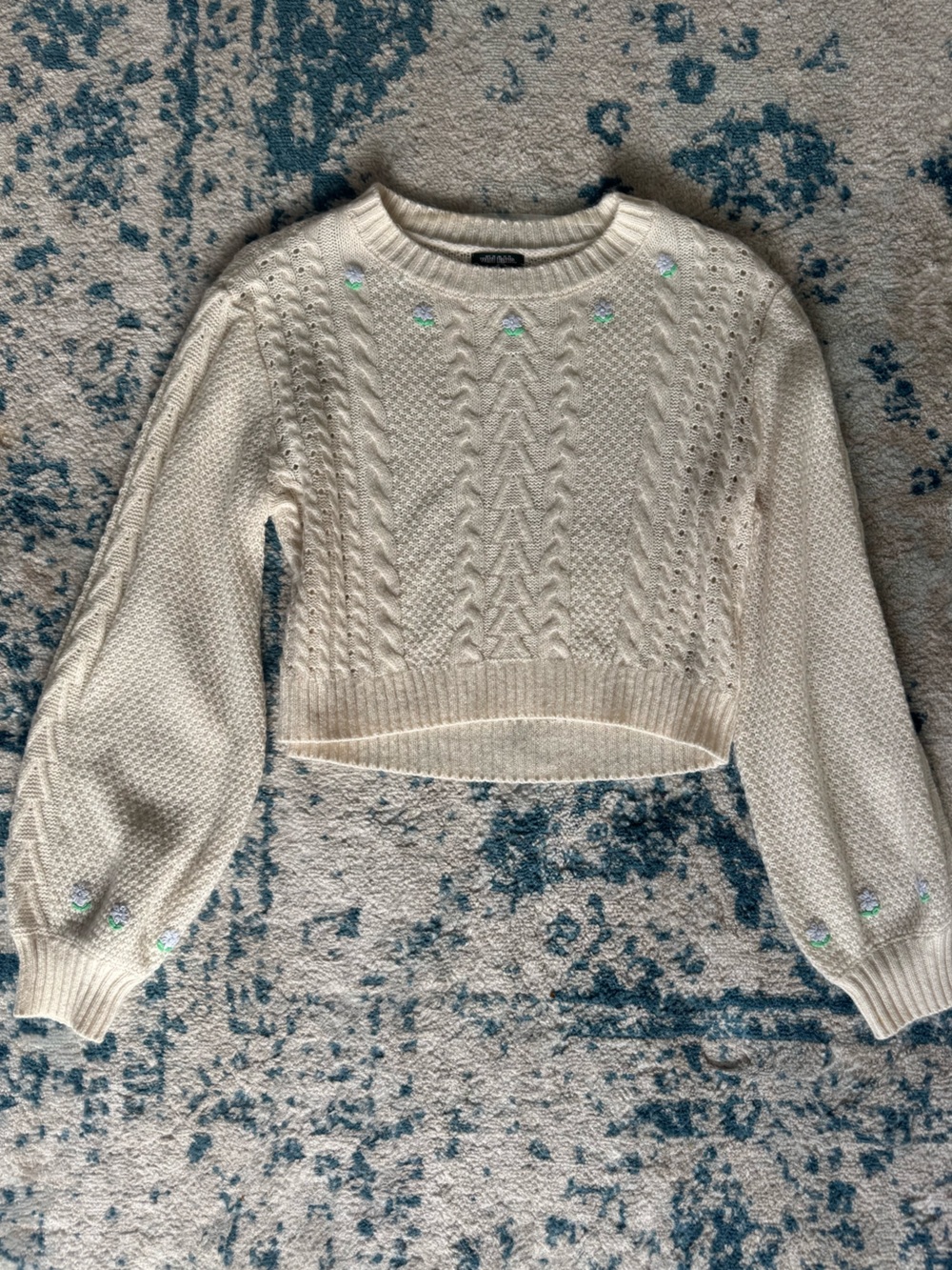 wild fable Cream Cable Knit Crewneck Sweater with Pastel Embroidery